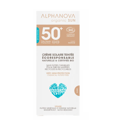 Crème Solaire Bio Teintée Claire SPF 50+ (Visage) 50gr Alphanova Sun