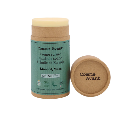 Crème Solaire SPF50 Minérale Solide Monoï & Musc à l'huile de Karanja Comme Avant